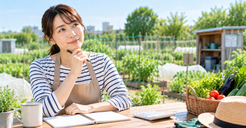 シェア畑の初年度総額と実際の負担を計算する女性と菜園