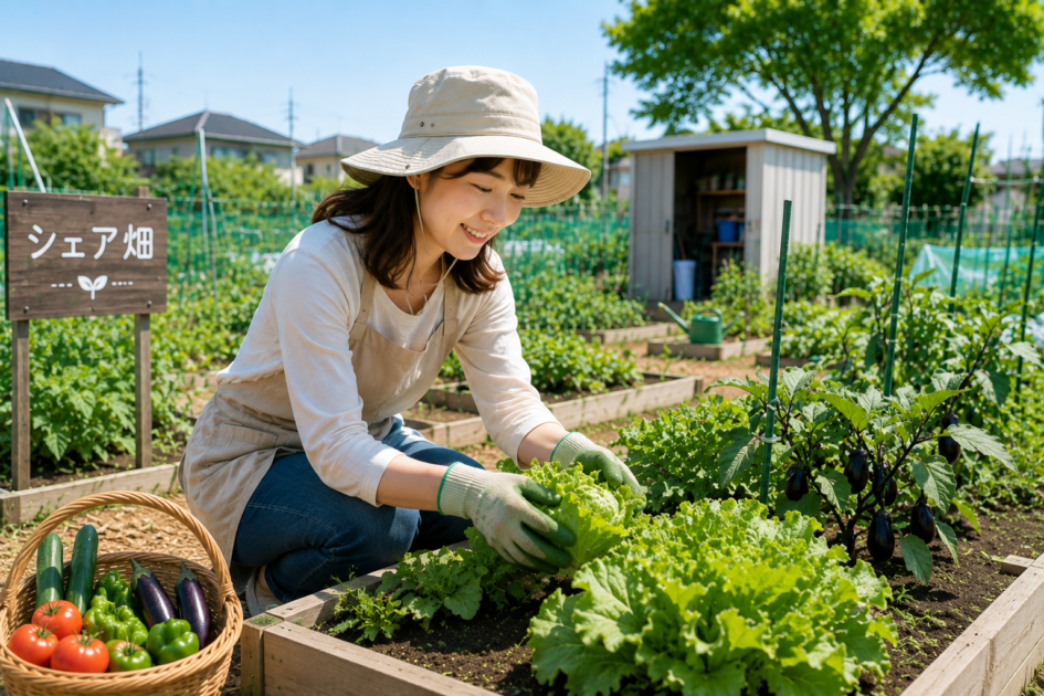 シェア畑で週1回を目安に野菜を手入れし、無理なく家庭菜園を楽しむ利用者の様子