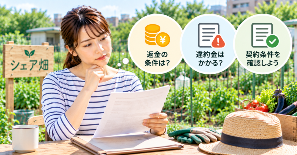 シェア畑の返金や違約金について契約条件を確認する女性