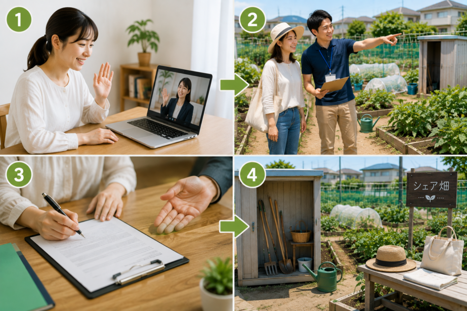 シェア畑の始め方を、オンライン説明会・見学・契約・利用準備の4ステップで示したイメージ
