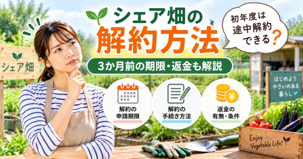 シェア畑の解約方法と初年度の途中解約、3か月前の期限や返金を解説するアイキャッチ画像