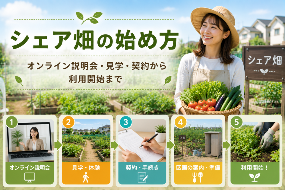 シェア畑の始め方を、オンライン説明会から見学・契約・利用開始まで順に紹介するイメージ