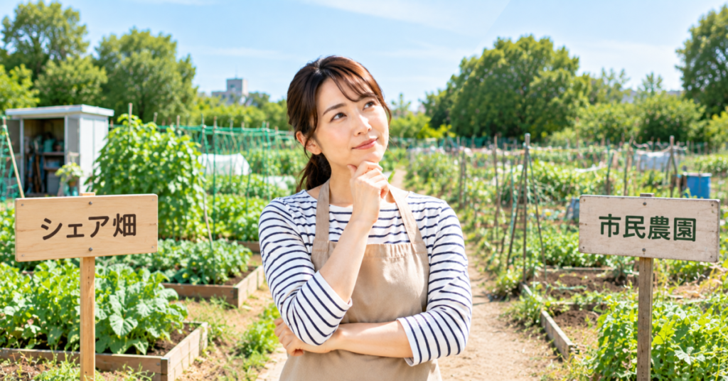 シェア畑と市民農園の料金やサービスの違いを比較して検討する女性