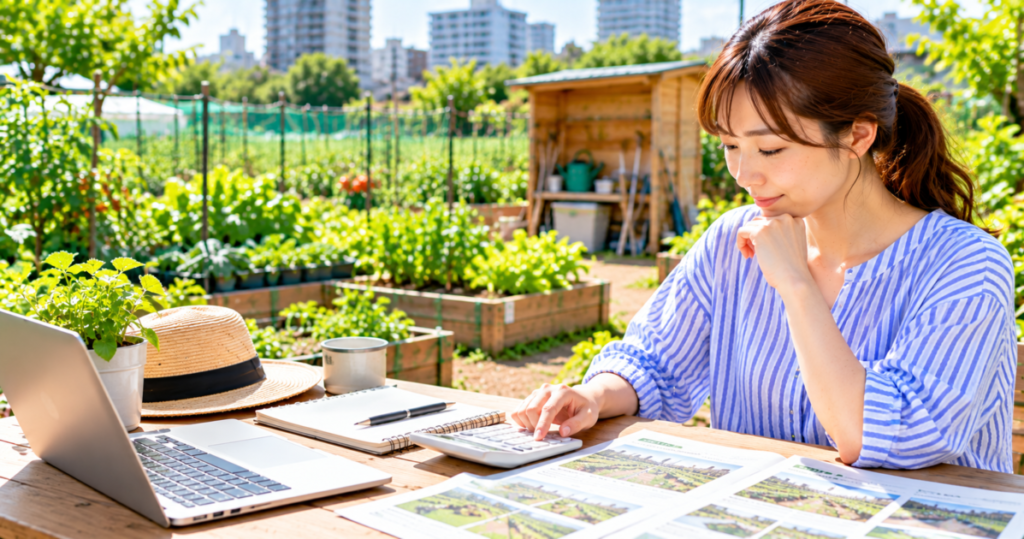 東京のシェア畑の料金を資料と電卓で比較し、価格差を確認する女性