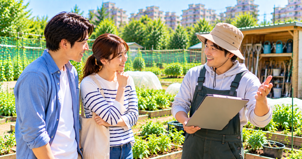シェア畑の料金や栽培方法、見学などの疑問を菜園アドバイザーに質問する利用者