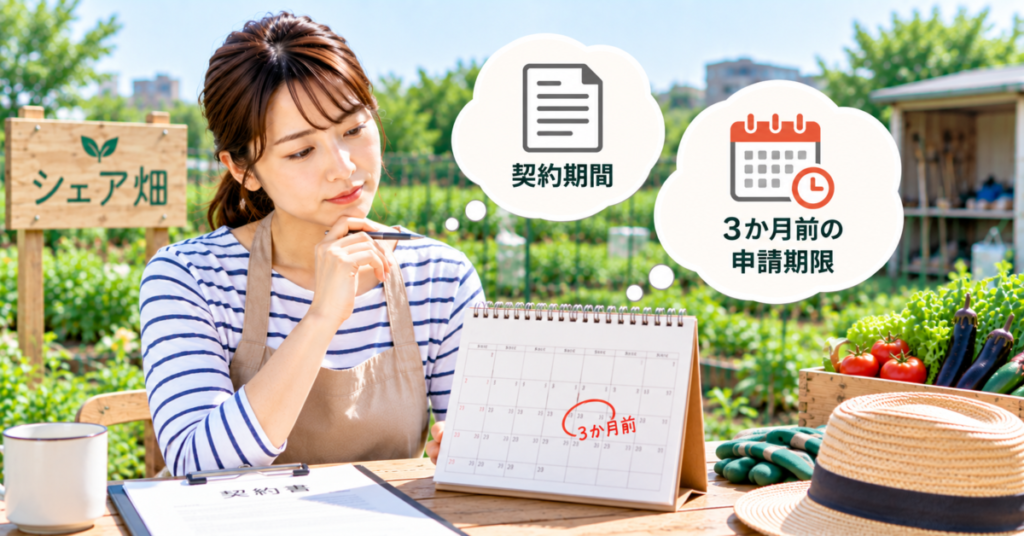 シェア畑の解約に必要な契約期間と3か月前の申請期限を確認する女性
