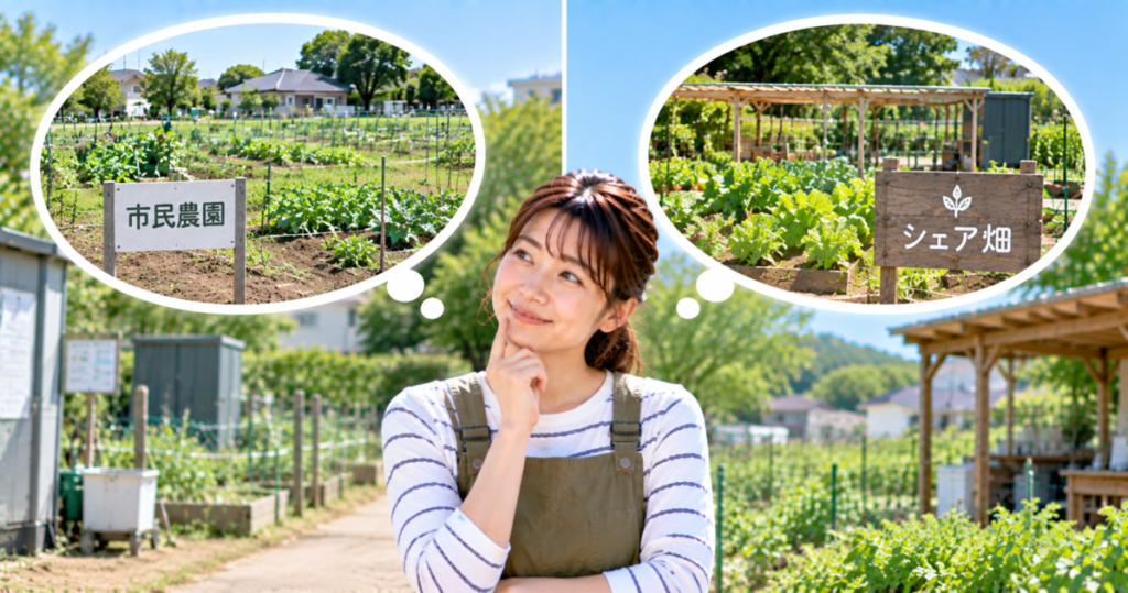 料金を重視して市民農園とシェア畑の違いを比較検討する女性