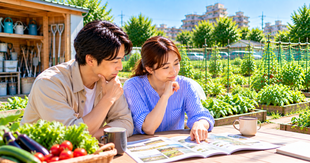 シェア畑と市民農園の料金や設備、栽培サポートの違いを資料で比較する夫婦