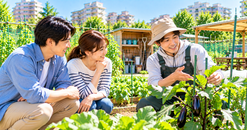 シェア畑の栽培ルールや通い方など契約前の注意点を菜園アドバイザーに確認する利用者