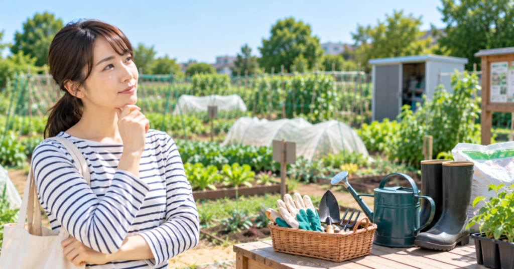 シェア畑の月額料金とは別にかかる費用を検討する女性と菜園