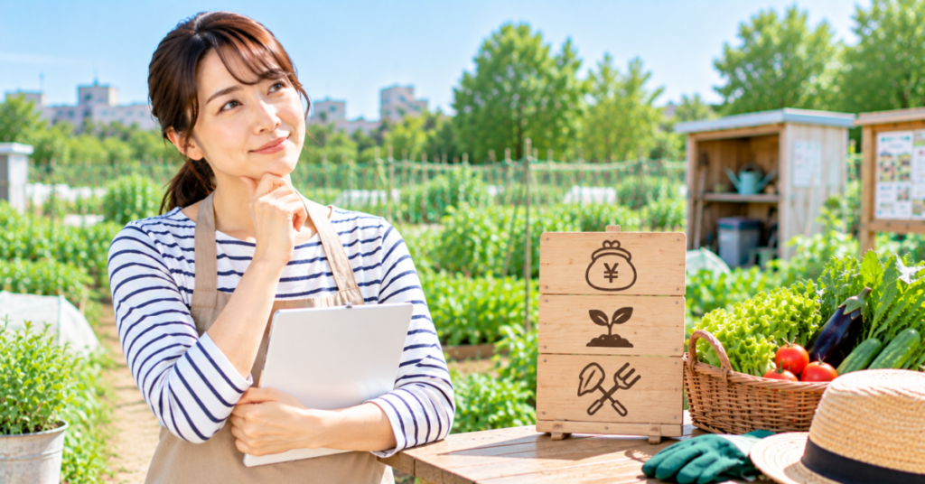 シェア畑の初年度総額とサービス内容を踏まえて料金を検討する女性