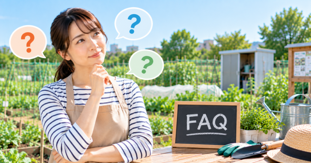 シェア畑の料金に関するよくある質問をイメージした女性と菜園