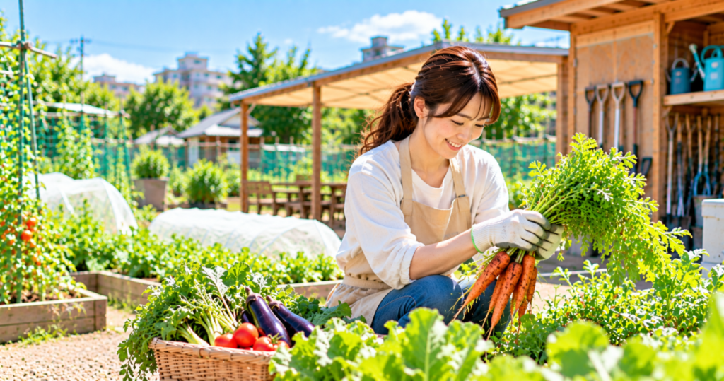 シェア畑で農具や設備を利用しながら、初心者の女性が野菜づくりを楽しむ様子