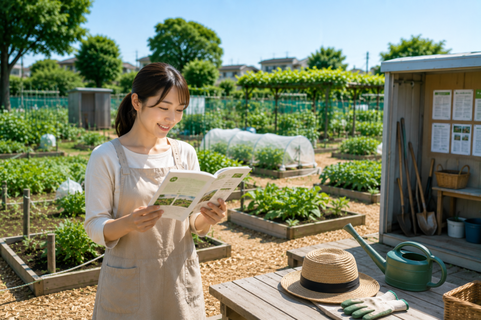 シェア畑の契約後に利用方法を確認し、道具を準備して利用開始までの流れを確認する様子