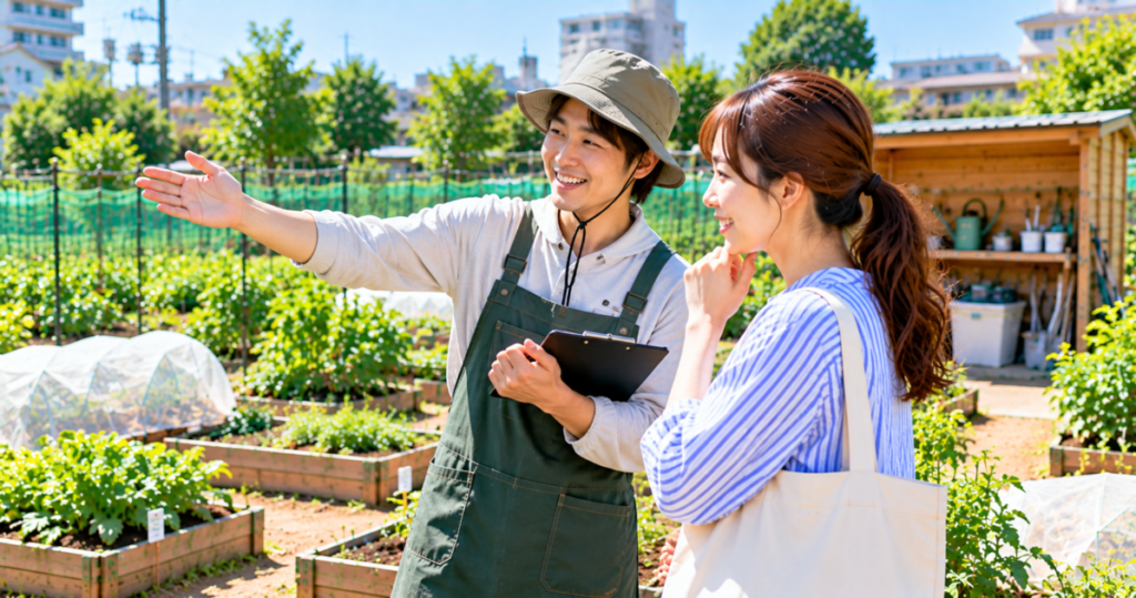 東京のシェア畑を見学し、区画・設備・動線や栽培サポートを確認する女性