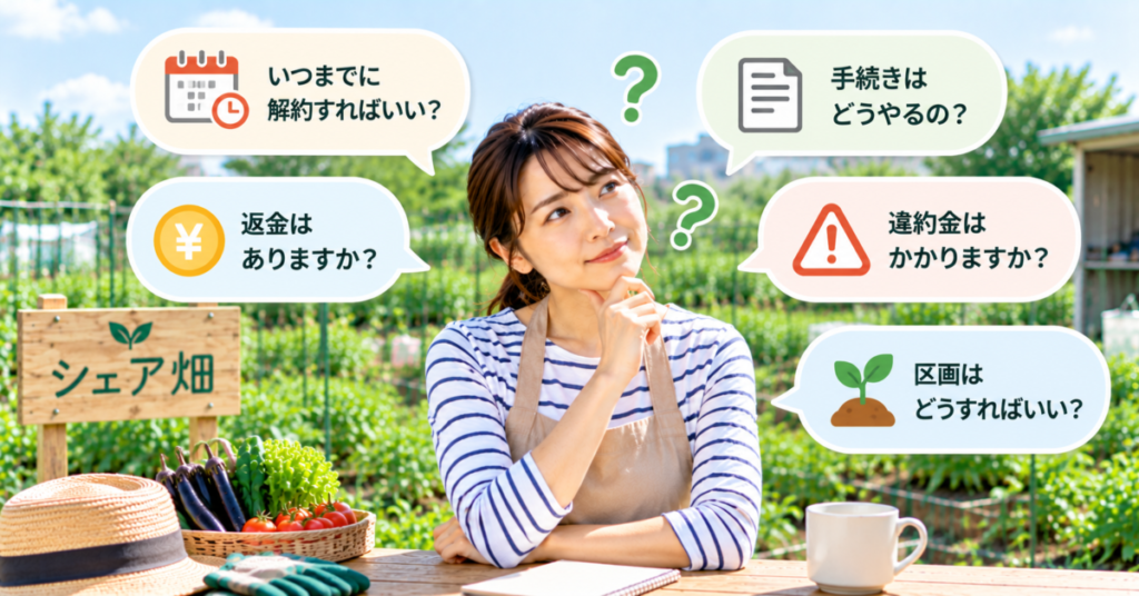 シェア畑の解約期限・手続き・返金・違約金などの疑問を確認する女性