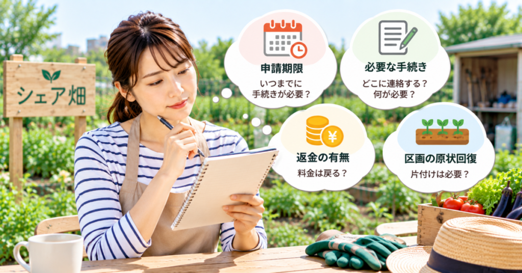 シェア畑の解約前に申請期限・手続き・返金・区画の原状回復を確認する女性