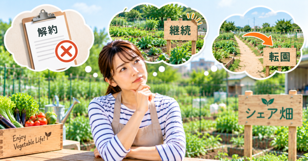 シェア畑を解約するか継続・転園するか迷って比較検討する女性