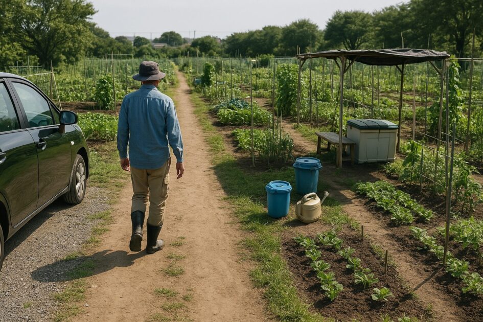 貸し農園一筆書き動線の作り方（駐車→区画→水場→資材置き→休憩）