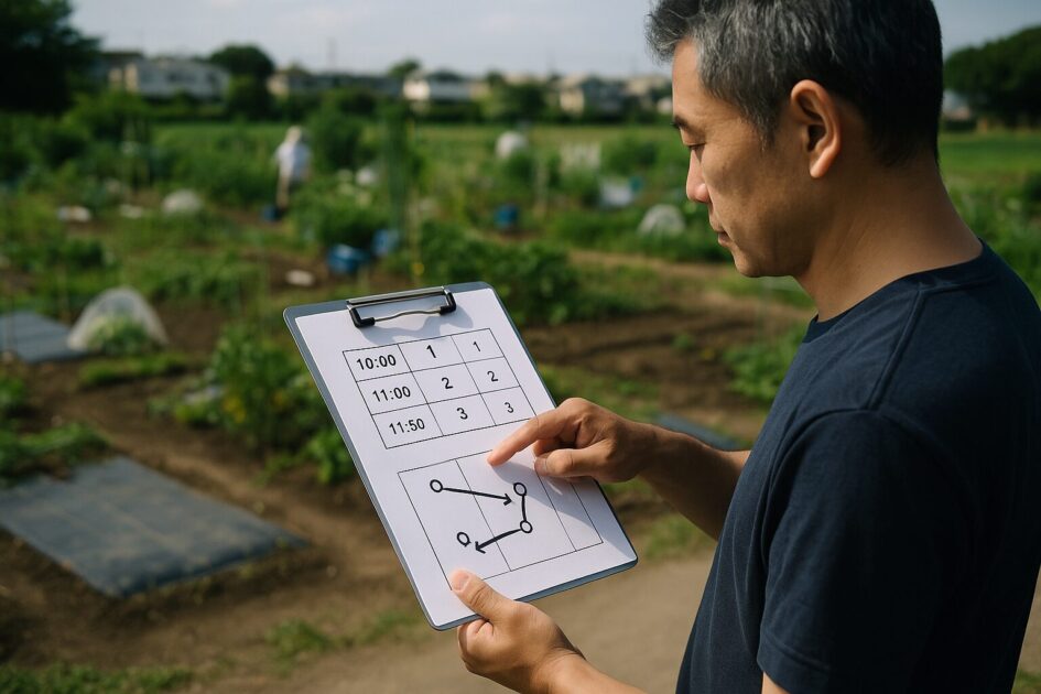 貸し農園の同日に3園回す一筆書きルートと時間割