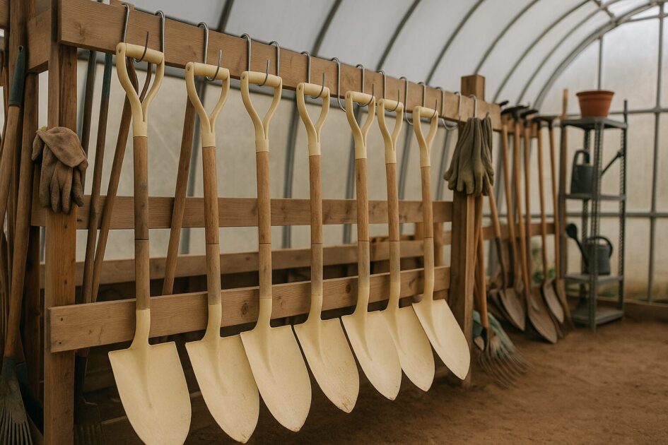 農具が整然と並ぶ倉庫の様子