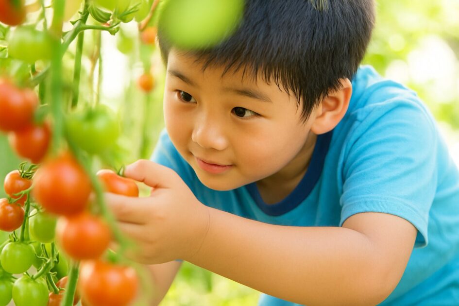 トマトを収穫する子どもの様子