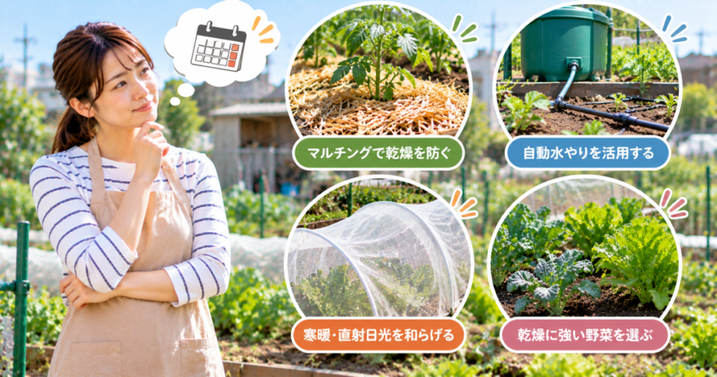 貸し農園で毎日水やりできないときの乾燥対策や自動水やりを検討する女性