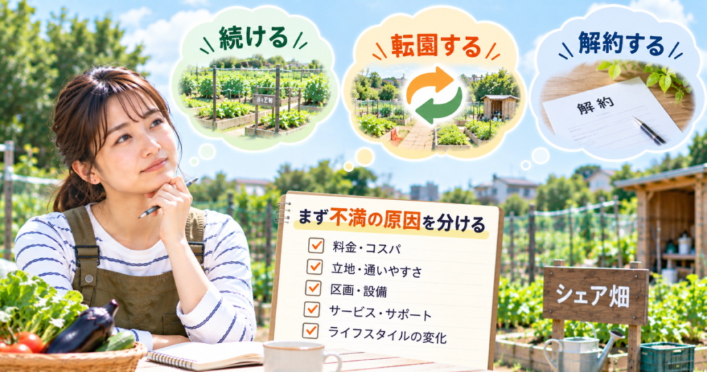 シェア畑を続ける・転園する・解約する前に不満の原因を整理して検討する女性
