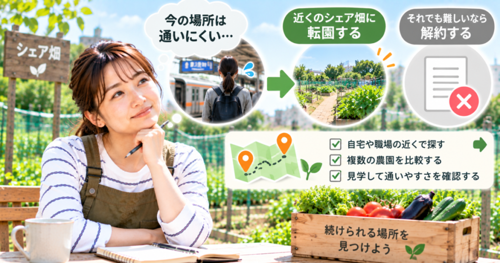 シェア畑への通いにくさを理由に解約する前に、近くの農園への転園を検討する女性