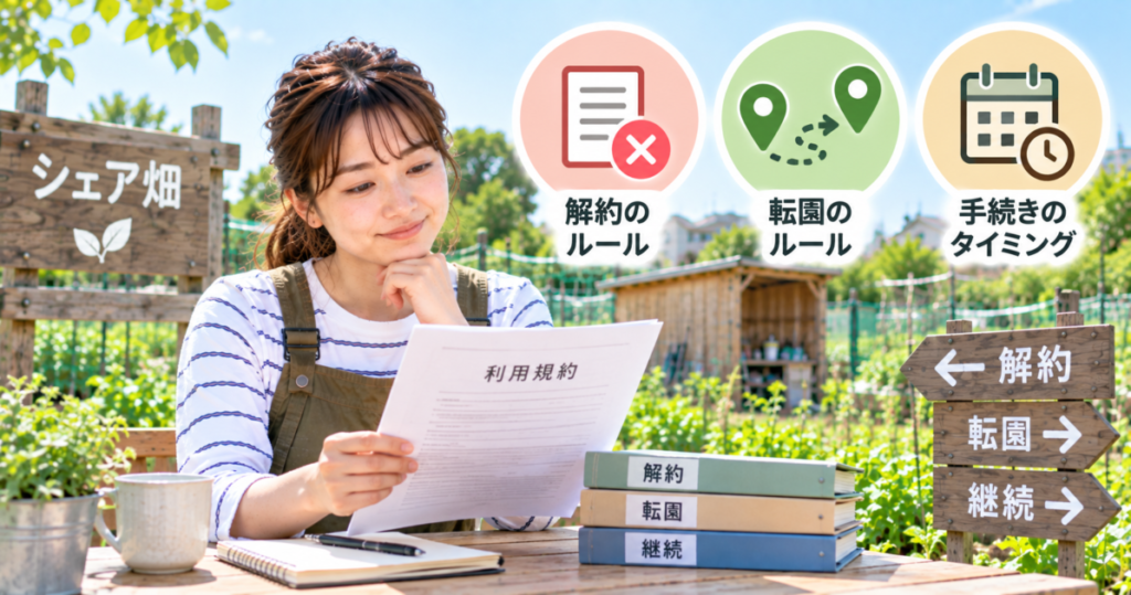 シェア畑の解約・転園のルールや手続きのタイミングを利用規約で確認する女性