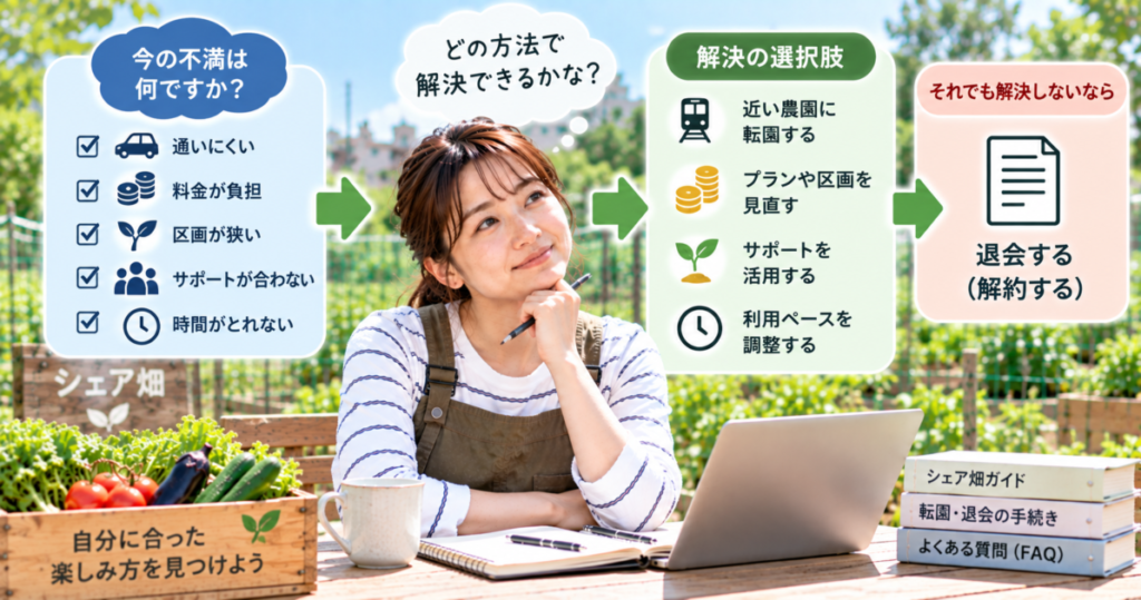 シェア畑の退会・転園を今の不満と解決方法から比較して判断する女性