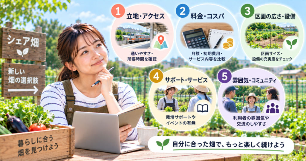 シェア畑の転園・乗り換え先を立地・料金・設備・サポート・雰囲気で比較する女性