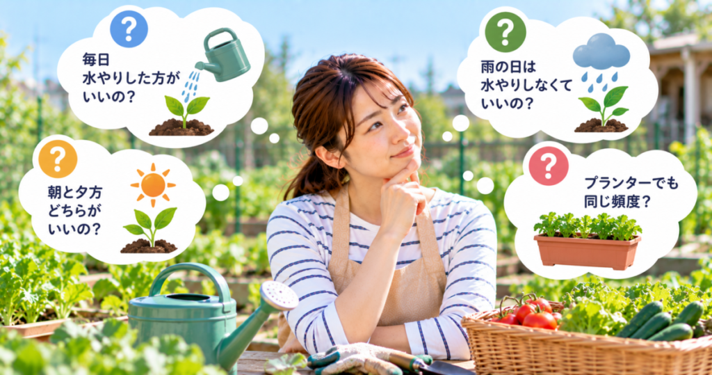 家庭菜園の水やり頻度や時間帯・雨の日・プランターの疑問を確認する女性