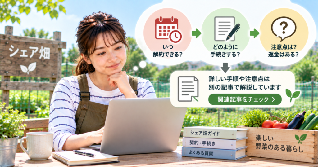シェア畑の解約時期や手続き方法をパソコンで関連記事から確認する女性