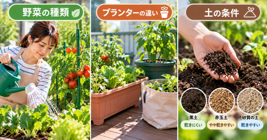 野菜の種類・プランター・土の乾きやすさに合わせて水やり頻度を調整する様子