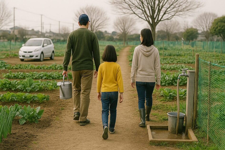 貸し農園家族分担の動線設計｜駐車→園路→水場→区画の順で回す