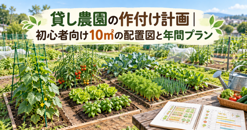 区画ごとにトマトや葉物野菜などを栽培する貸し農園と、10㎡の作付け配置図や年間栽培計画を記したノート