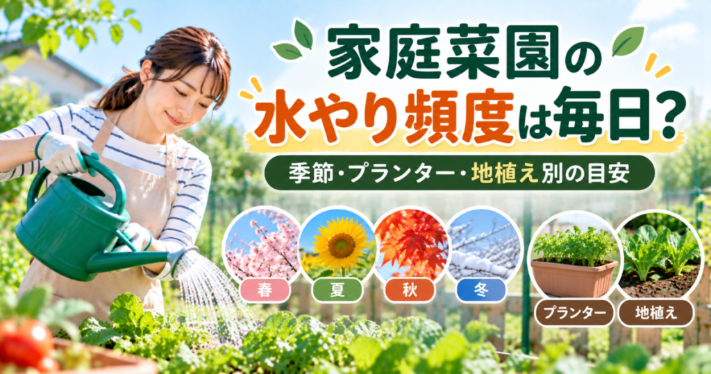 家庭菜園の水やり頻度を季節・プランター・地植え別に解説するアイキャッチ画像