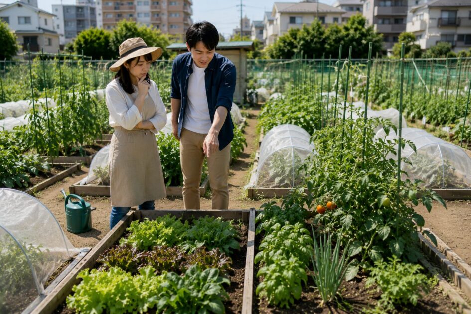2ウネと4ウネの広さや育てられる野菜を見比べながら、貸し農園の区画選びを検討する利用者の様子