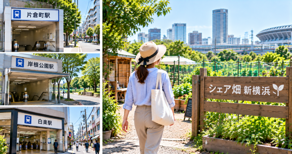 片倉町・岸根公園・白楽の各駅からシェア畑新横浜へのアクセスを確認するイメージ