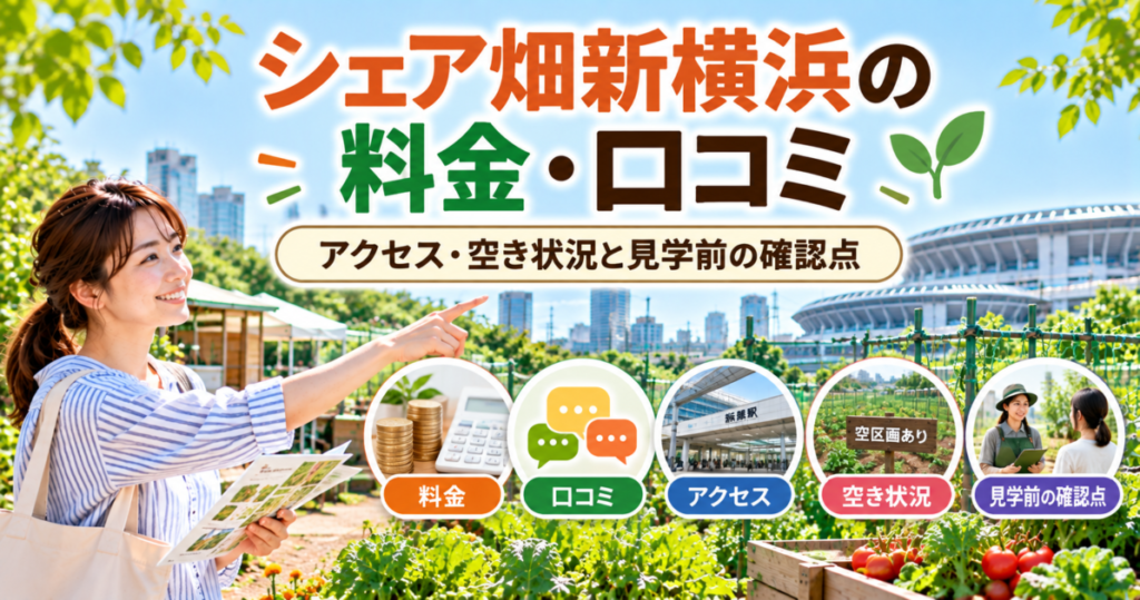 シェア畑新横浜の料金・口コミ・アクセス・空き状況と見学前の確認点を紹介するイメージ