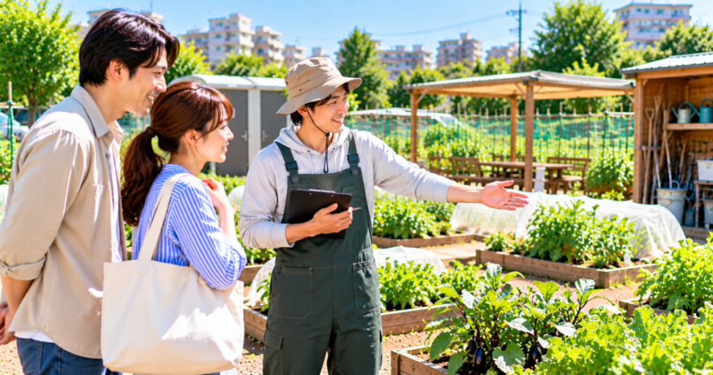 シェア畑八王子で料金・利用方法・アクセスなどの疑問を菜園スタッフに相談する夫婦