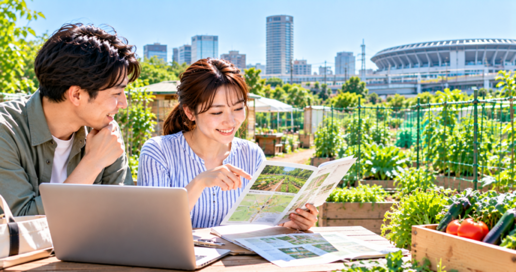 シェア畑新横浜の料金・空き状況・区画について資料を見ながら確認する男女