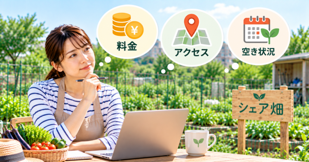 シェア畑放出の料金・アクセス・空き状況を利用前に確認する女性