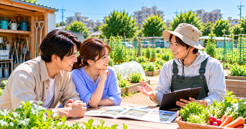 シェア畑八王子の料金や通いやすさを確認し、菜園スタッフと現地見学する夫婦