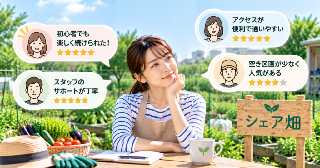 シェア畑放出の口コミ・評判から利用者の評価や特徴を確認する女性