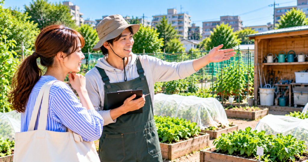 シェア畑八王子で菜園アドバイザーに相談しながら野菜づくりを楽しむ利用者