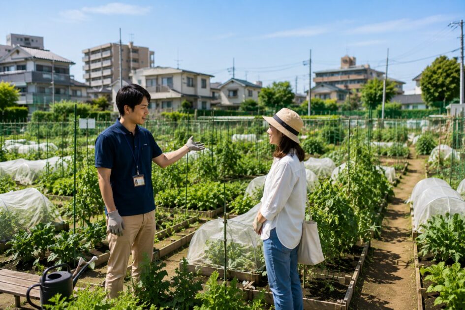 シェア畑津田沼でスタッフから設備説明を受ける見学者。サポート付き貸し農園の雰囲気