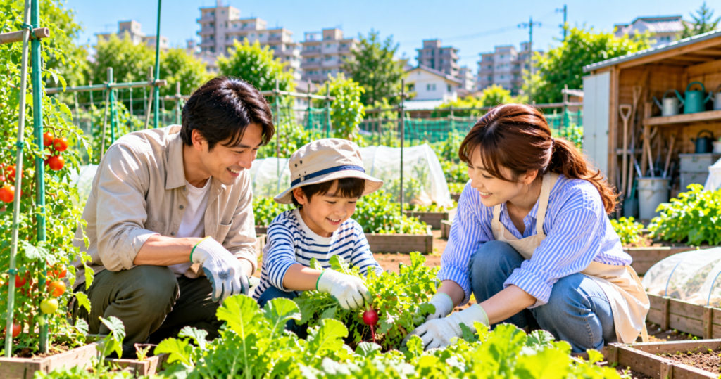 北八王子・八王子方面から通えるシェア畑八王子で家族が野菜づくりを楽しむ様子