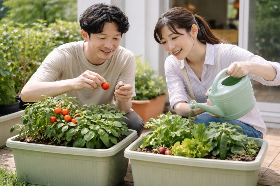 ,single photo, one continuous scene, photorealistic, high resolution, 1200x630px, webp, realistic DSLR look, 50mm lens, shallow depth of field, subject tack sharp, soft natural background blur, Japanese people, natural candid moment, community garden or Japanese residential setting, clean and organized, NO TEXT AT ALL, no logos, no brands, no signage, no boards, no papers, no maps, no screens, NO illustrations, NO collage, NO split, neutral daylight color, accurate white balance, no warm cast, reduce red and magenta cast, natural skin tones, natural greens (balanced, not oversaturated), moderate saturation, slightly lifted brightness, slightly lifted shadows, controlled highlights, preserve highlight detail, no blown highlights, soft highlight roll-off, gentle natural contrast, realistic shadow depth (no crushed blacks), crisp detail with natural texture, bright but balanced exposure, airy yet realistic look, imply the headline through actions/context, DO NOT repeat previous composition in this thread; change at least 2 of: age group, number of people, camera angle, action, season.